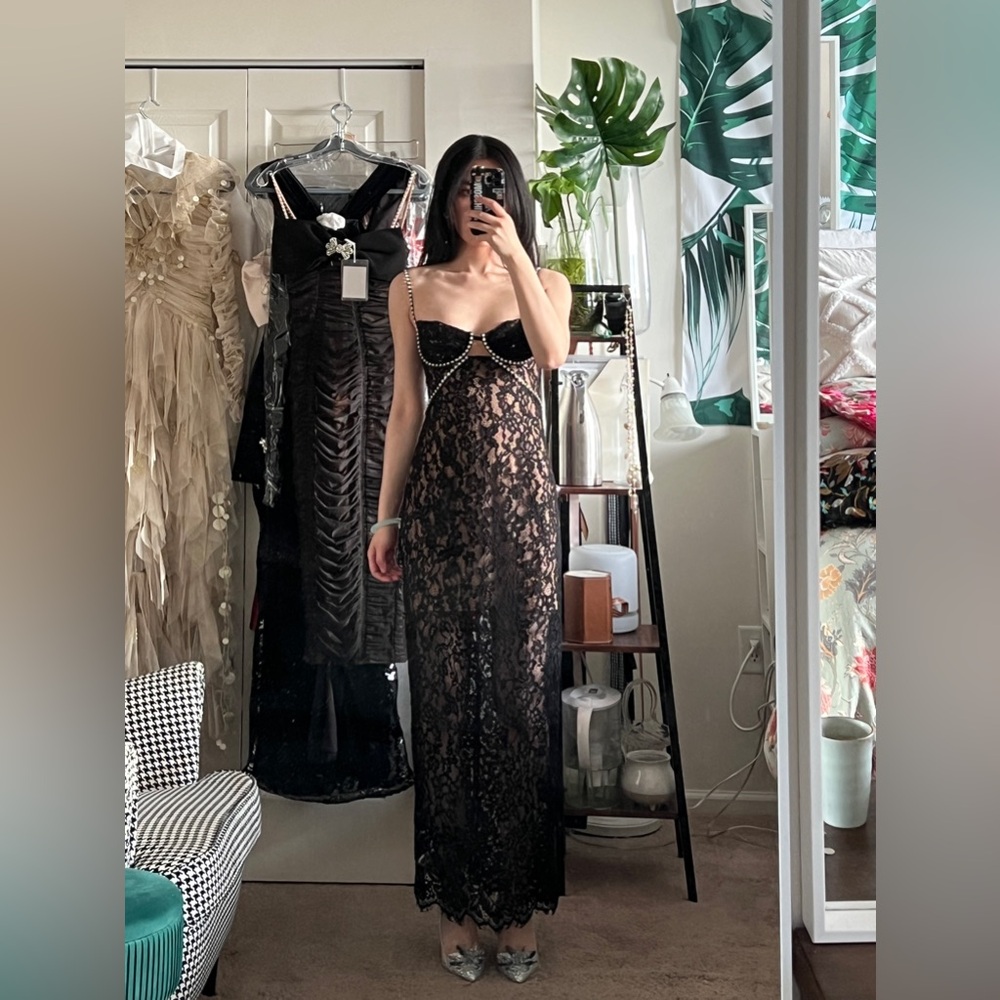 Self Portrait Black Lace Rhinestone Embellished Shoulder Strap Long Dress NWOT - Picture 12 of 14